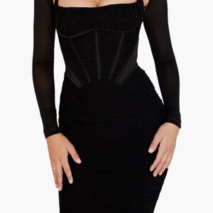 House of CB Black Ruched Corset Midi Dress